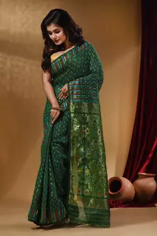 Green Cotton Handwoven Jamdani Saree With Woven Buttas And Floral Designs