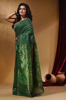 Green Cotton Handwoven Jamdani Saree With Woven Buttas And Floral Designs