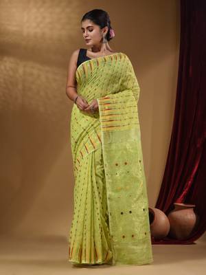 Lime Green Cotton Handwoven Jamdani Saree With Woven Buttas And Floral Designs 1