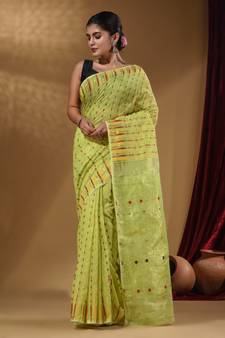 Lime Green Cotton Handwoven Jamdani Saree With Woven Buttas And Floral Designs