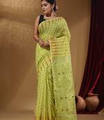 Lime Green Cotton Handwoven Jamdani Saree With Woven Buttas And Floral Designs