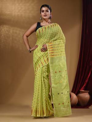 Lime Green Cotton Handwoven Jamdani Saree With Woven Buttas And Floral Designs 2