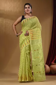 Lime Green Cotton Handwoven Jamdani Saree With Woven Buttas And Floral Designs