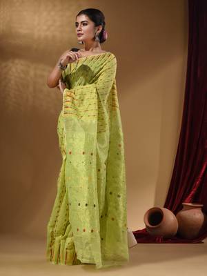 Lime Green Cotton Handwoven Jamdani Saree With Woven Buttas And Floral Designs 3