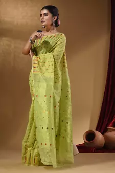 Lime Green Cotton Handwoven Jamdani Saree With Woven Buttas And Floral Designs