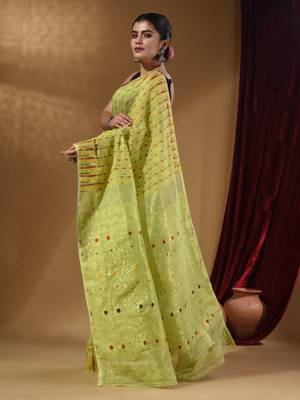 Lime Green Cotton Handwoven Jamdani Saree With Woven Buttas And Floral Designs 4