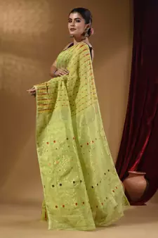 Lime Green Cotton Handwoven Jamdani Saree With Woven Buttas And Floral Designs