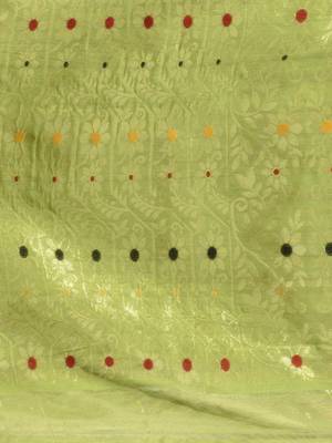 Lime Green Cotton Handwoven Jamdani Saree With Woven Buttas And Floral Designs 5