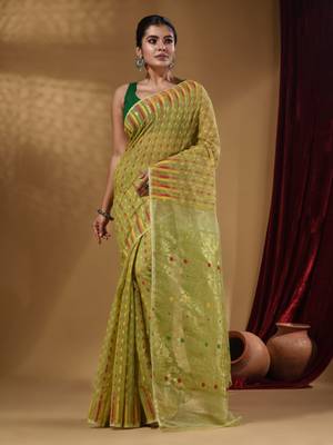 Pistachio Green Cotton Handwoven Jamdani Saree With Woven Buttas And Floral Designs 1
