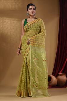Pistachio Green Cotton Handwoven Jamdani Saree With Woven Buttas And Floral Designs