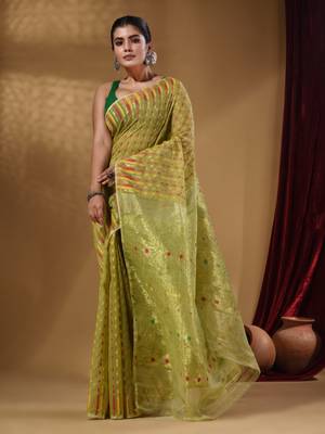 Pistachio Green Cotton Handwoven Jamdani Saree With Woven Buttas And Floral Designs 2