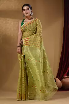 Pistachio Green Cotton Handwoven Jamdani Saree With Woven Buttas And Floral Designs
