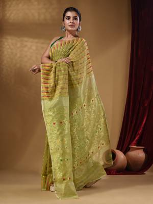 Pistachio Green Cotton Handwoven Jamdani Saree With Woven Buttas And Floral Designs 3
