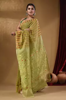 Pistachio Green Cotton Handwoven Jamdani Saree With Woven Buttas And Floral Designs