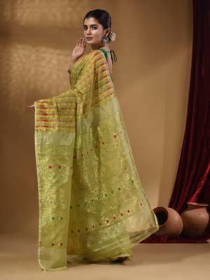 Pistachio Green Cotton Handwoven Jamdani Saree With Woven Buttas And Floral Designs 4