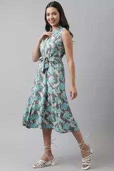 Grey printed viscose rayon long-dresses
