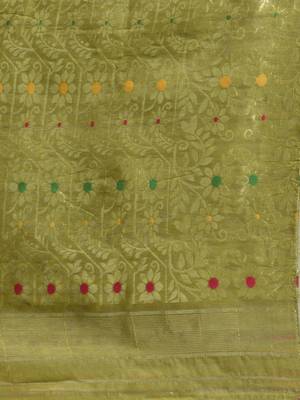 Pistachio Green Cotton Handwoven Jamdani Saree With Woven Buttas And Floral Designs 5