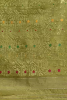 Pistachio Green Cotton Handwoven Jamdani Saree With Woven Buttas And Floral Designs