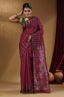 Fuchsia Cotton Handwoven Jamdani Saree With Woven Buttas And Floral Designs