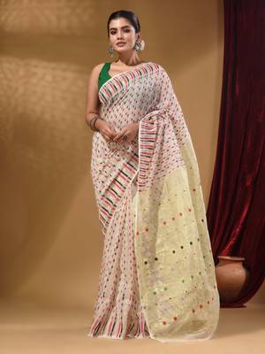 White Cotton Handwoven Jamdani Saree With Woven Buttas And Floral Designs 1
