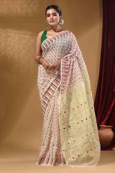 White Cotton Handwoven Jamdani Saree With Woven Buttas And Floral Designs