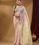White Cotton Handwoven Jamdani Saree With Woven Buttas And Floral Designs