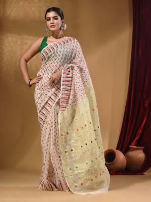 White Cotton Handwoven Jamdani Saree With Woven Buttas And Floral Designs 2
