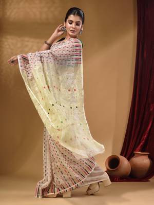 White Cotton Handwoven Jamdani Saree With Woven Buttas And Floral Designs 3