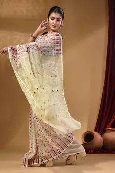 White Cotton Handwoven Jamdani Saree With Woven Buttas And Floral Designs
