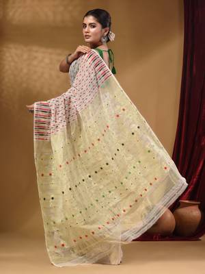White Cotton Handwoven Jamdani Saree With Woven Buttas And Floral Designs 4
