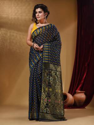 Navy Blue Cotton Handwoven Jamdani Saree With Woven Buttas And Floral Designs 1