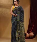 Navy Blue Cotton Handwoven Jamdani Saree With Woven Buttas And Floral Designs
