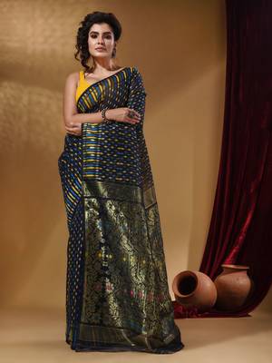 Navy Blue Cotton Handwoven Jamdani Saree With Woven Buttas And Floral Designs 2