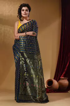 Navy Blue Cotton Handwoven Jamdani Saree With Woven Buttas And Floral Designs