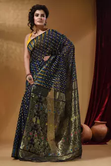 Navy Blue Cotton Handwoven Jamdani Saree With Woven Buttas And Floral Designs