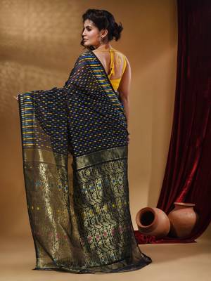 Navy Blue Cotton Handwoven Jamdani Saree With Woven Buttas And Floral Designs 4