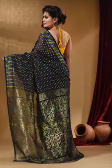Navy Blue Cotton Handwoven Jamdani Saree With Woven Buttas And Floral Designs