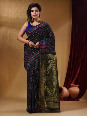 Black Cotton Handwoven Jamdani Saree With Woven Buttas And Floral Designs 1