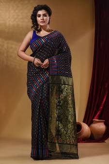 Black Cotton Handwoven Jamdani Saree With Woven Buttas And Floral Designs