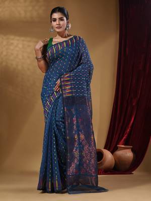 Azure Blue Cotton Handwoven Jamdani Saree With Woven Buttas And Floral Designs 1