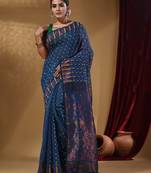 Azure Blue Cotton Handwoven Jamdani Saree With Woven Buttas And Floral Designs