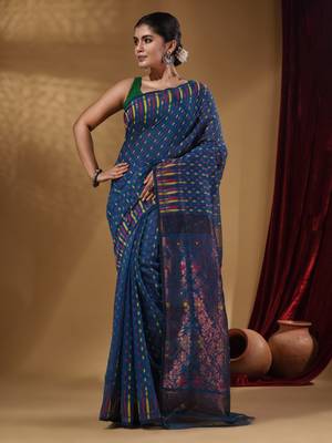 Azure Blue Cotton Handwoven Jamdani Saree With Woven Buttas And Floral Designs 2