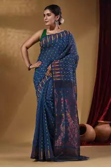 Azure Blue Cotton Handwoven Jamdani Saree With Woven Buttas And Floral Designs