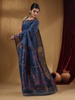 Azure Blue Cotton Handwoven Jamdani Saree With Woven Buttas And Floral Designs 3