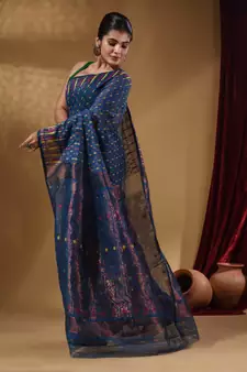 Azure Blue Cotton Handwoven Jamdani Saree With Woven Buttas And Floral Designs