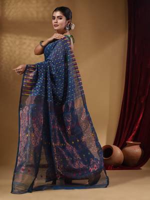 Azure Blue Cotton Handwoven Jamdani Saree With Woven Buttas And Floral Designs 4
