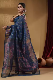 Azure Blue Cotton Handwoven Jamdani Saree With Woven Buttas And Floral Designs