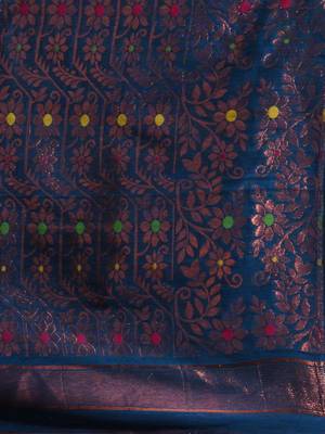 Azure Blue Cotton Handwoven Jamdani Saree With Woven Buttas And Floral Designs 5