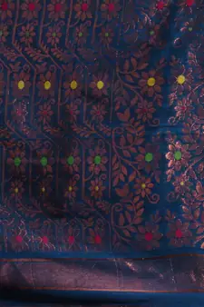 Azure Blue Cotton Handwoven Jamdani Saree With Woven Buttas And Floral Designs