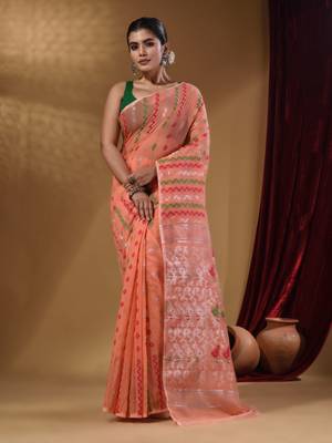 Peach Cotton Handwoven Jamdani Saree With Chevron Designs 1